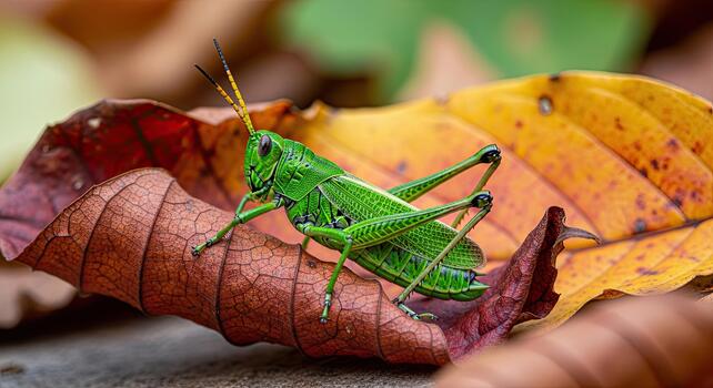 vibrante verde saltamontes encaramado en otoño hojas en un detallado de cerca disparo. foto