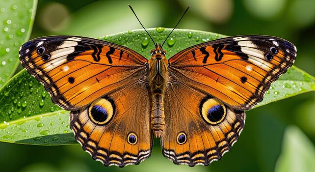 Vibrant Orange Butterfly with Eye-like Markings on Leaf. photo