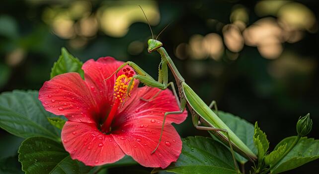 Vibrant Red Hibiscus Flower with Praying Mantis in Nature. photo