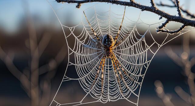 Yellow garden spider sitting in the center of its intricate dewy web. photo