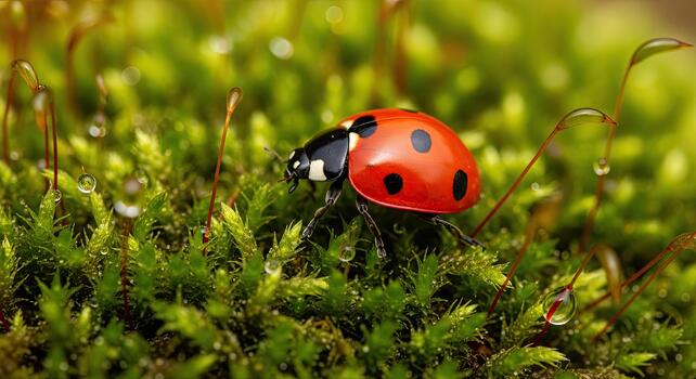 vibrante rojo mariquita descansando en lozano verde musgo con Rocío gotas. foto