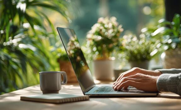 Person typing on laptop working from home photo