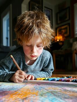 Young boy drawing colorful art with crayons on floor photo
