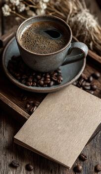 Hot coffee mug, notebook, and beans on rustic wood photo
