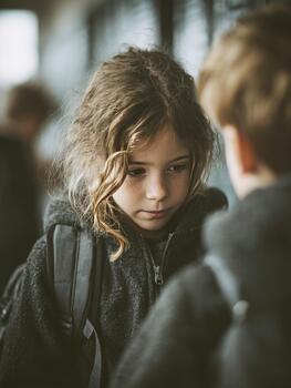 Child with backpack having serious conversation photo