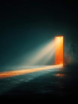 Glowing door opening into a dark, mysterious room photo