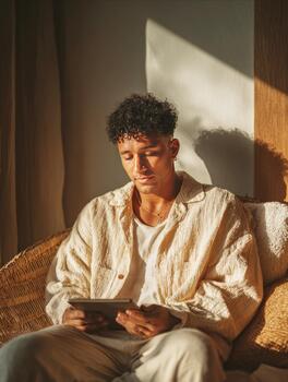 joven hombre relajante leyendo tableta en luz de sol a hogar foto