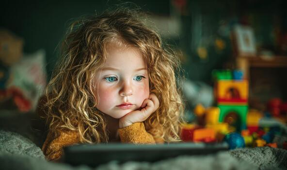 Young girl watching digital tablet with focused expression photo