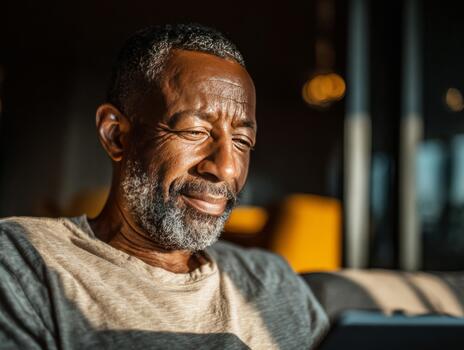 African american senior man smiling using digital tablet photo