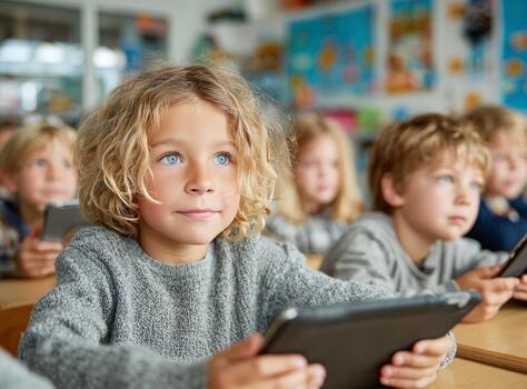 Young student learning with tablet in modern classroom photo
