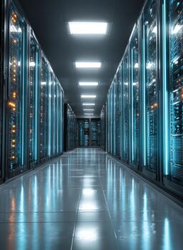 Server room aisle displaying network technology and big data photo