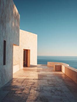 minimalista arquitectura edificio terraza con vista a calma mar foto