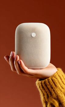 Hand holding smart speaker for home automation photo
