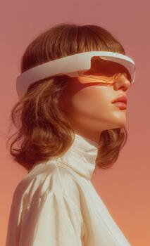 Woman experiencing virtual reality wearing future tech headset photo