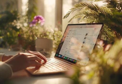 Hands typing on laptop enjoying home office setup photo