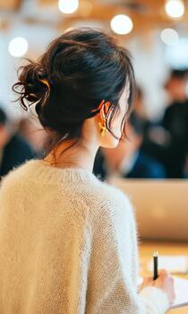 Woman studying listening to lecture in bokeh background photo