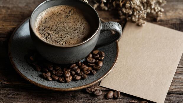 Coffee cup, beans, and blank note on rustic wood photo