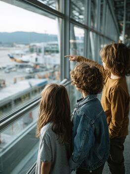 Children watching airplanes at airport terminal window, pointing outside photo