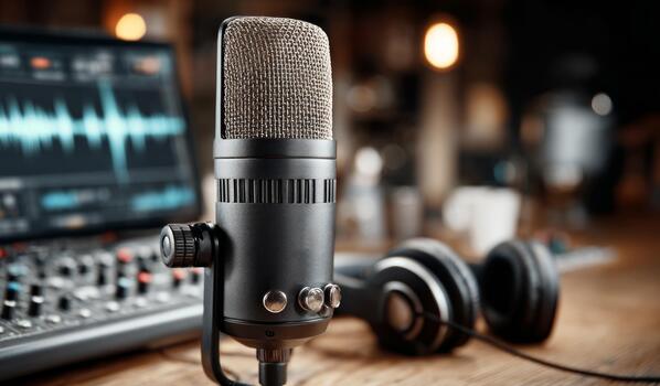 Professional microphone recording sound wave for podcasting broadcast photo