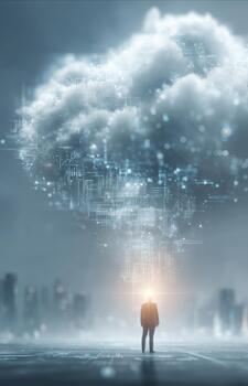 Businessman connecting to cloud computing network data photo