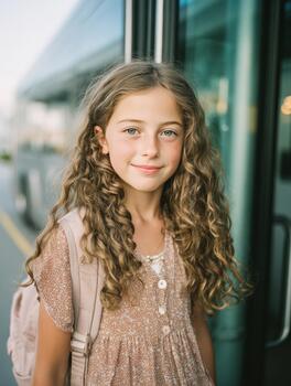 Young girl smiling arriving at bus stop photo