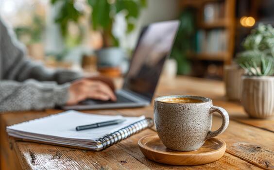 Person working from home with laptop, coffee, and notebook photo