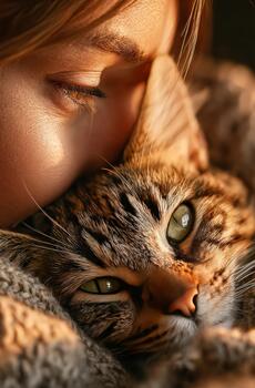 Woman hugging tabby cat showing warm affection photo