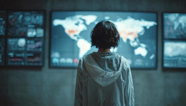 Woman monitoring global crisis data on large screens photo
