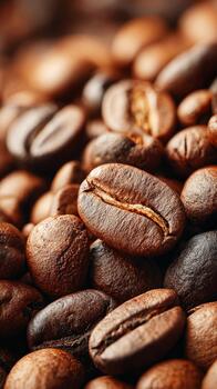 Roasted coffee beans creating an aromatic texture background photo