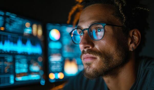 Man wearing computer glasses coding at night photo
