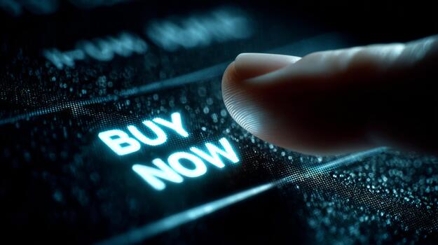 Finger pressing glowing buy now button on screen photo