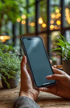 Hands holding phone scrolling blank screen in cafe photo