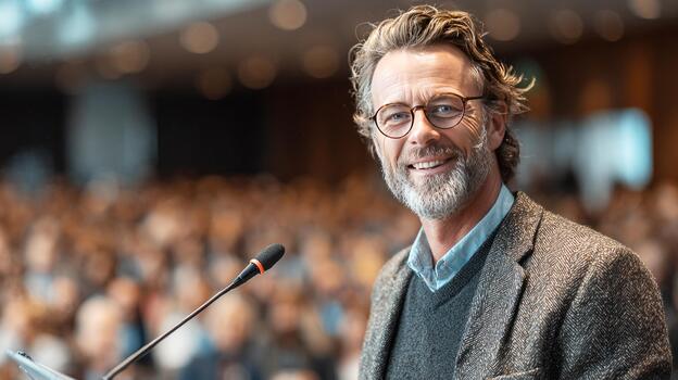 Smiling man speaking at business conference event photo