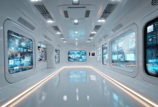 Futuristic spaceship interior corridor with glowing displays and technology photo