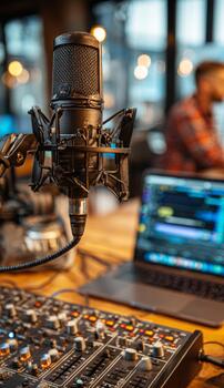 Recording a podcast in a professional studio setup photo