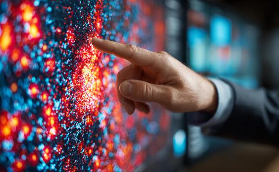 Hand touching big data visualization on interactive screen photo