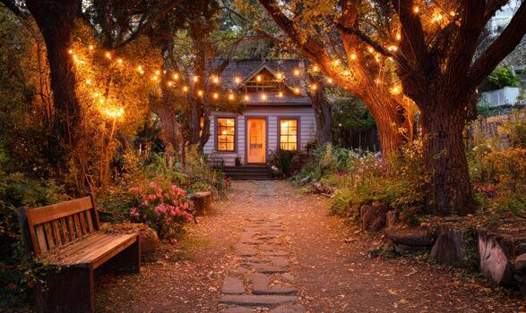 Cozy cottage garden path with glowing string lights photo