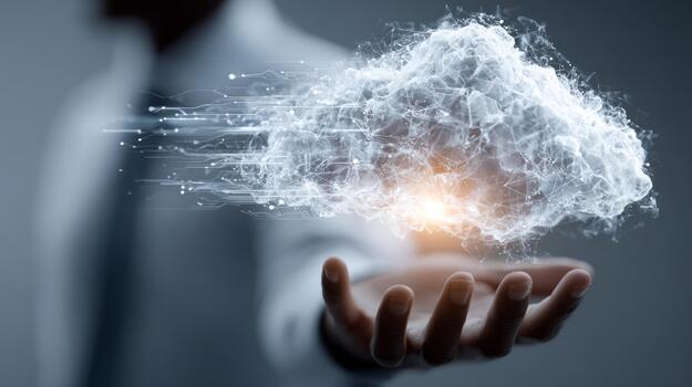 Businessperson holding a digital cloud internet computing concept photo