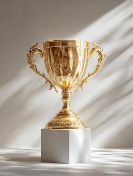 Golden champion trophy standing on a concrete pedestal photo