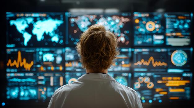 científico analizando global datos en múltiple pantallas foto