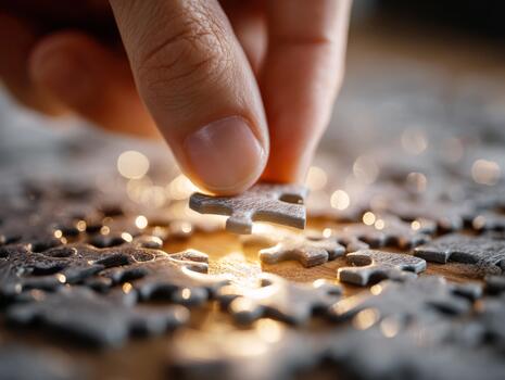 Hand connecting last puzzle piece finishing solution photo