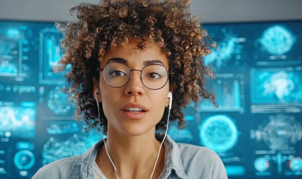 mujer generando datos con virtual realidad gafas de protección foto