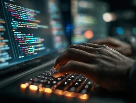 Developer hands typing code on backlit keyboard at night photo