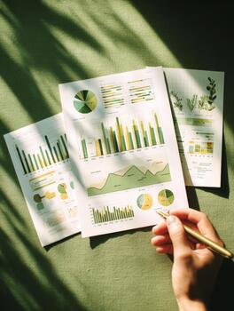 Hand analyzing environmental data on charts and reports photo