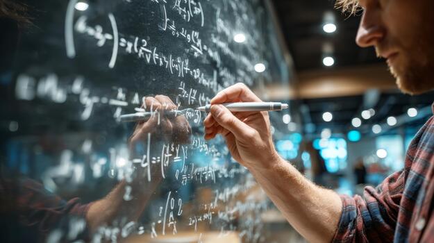 persona escritura complejo matemático fórmulas en vaso tablero foto
