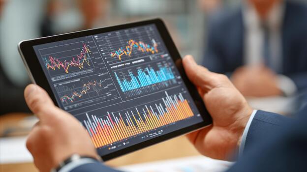 Business person analyzing financial data on tablet screen photo