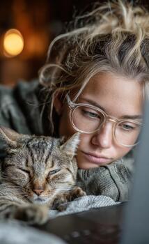 Woman relaxing with tabby cat working from home photo