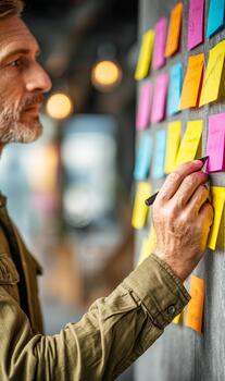Man brainstorming ideas using sticky notes for project planning photo