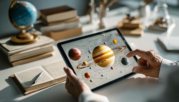 Person learning astronomy with tablet viewing solar system photo