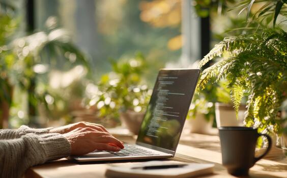 Person coding on laptop in green home office photo